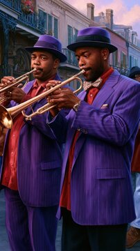 Twin trumpeters performing in purple suits on city street. Jazz Appreciation Month