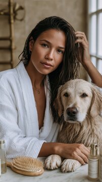 Young woman caressing dog while seated by bathroom window