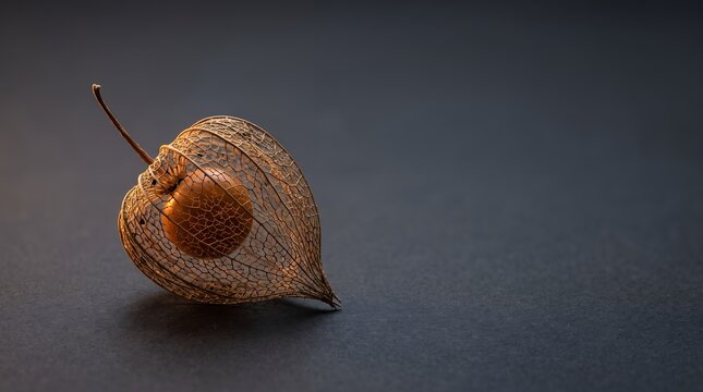 Holiday seasonal dried physalis fruit on dark stone surface with copy space