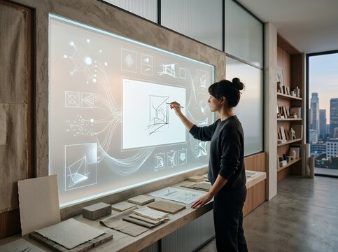 Creative female architect designing with futuristic interactive digital wall in modern studio office