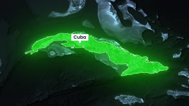 Glowing green map of Cuba highlighted on dark digital globe video