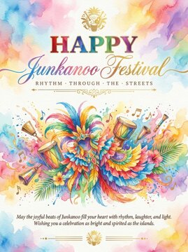 Colorful Junkanoo Festival Greeting Card with Musical Instruments and Feathers