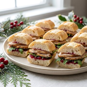 Small turkey sandwiches with cranberry sauce served on a festive platter for a holiday party. Sandwich appetizer ideas
