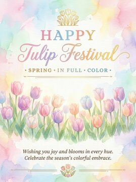 Colorful Tulip Festival Greeting Card with Spring Watercolor Background Design