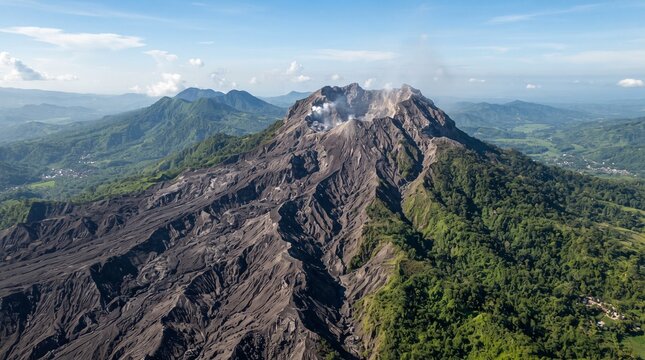 Indonesian Volcano Mount Sinabung with Ash Covered Terrain
