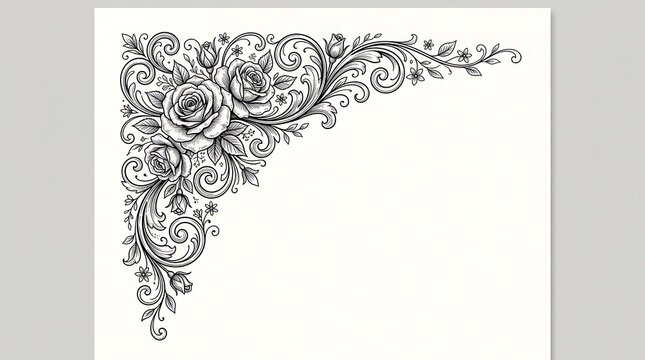 Beautiful vintage rose flower corner frame design with elegant swirls and leaves for creative wedding card decoration