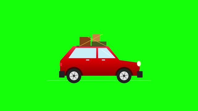 Red car traveling on a road with luggage on the roof animated against a green screen background for travel and vacation concepts