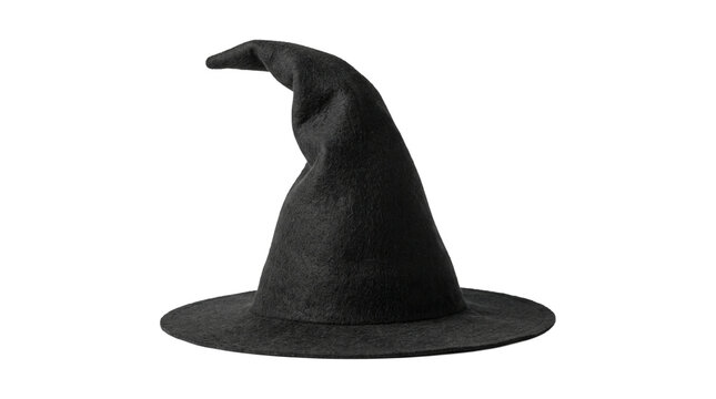 Black witch hat with curved tip made from felt fabric for halloween costume parties and magic theme.