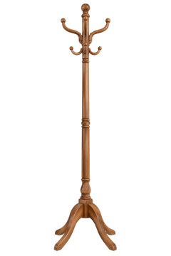 Classic wooden coat rack with a tall pedestal base isolated on a clean white background studio
