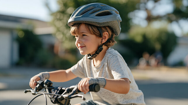 Side angle of a child gripping the handlebars of a stationary bicycle, eyes focused ahead, about to push off for the first solo ride, wrist braces visible, determined expression,