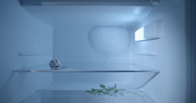 Cinematic slider push-in toward an empty opened refrigerator, emphasizing the lack of food and household essentials. Powerful visual concept for poverty, hunger, food insecurity, financial hardship.