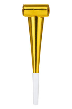 Shiny gold party blower isolated on a clean white background for festive celebration themes
