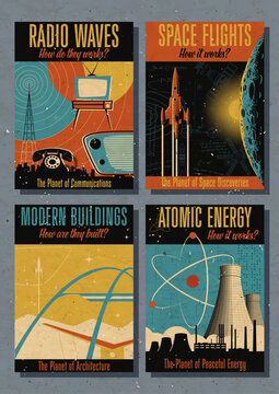 Radio Waves, Space Flights, Atomic Energy, Modern Buildings. 1950s - 1960s Science and Technology Magazine Covers Style Illustration Set, Vintage Colors, Retro Communications, Aged Paper Texture