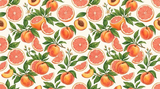 Seamless pattern with fresh juicy peaches and green leaves hand drawn illustration for textile and packaging design