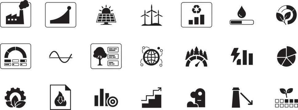 Green energy icons and sustainability data metrics set featuring renewable solar wind power ecology charts and eco industry symbols