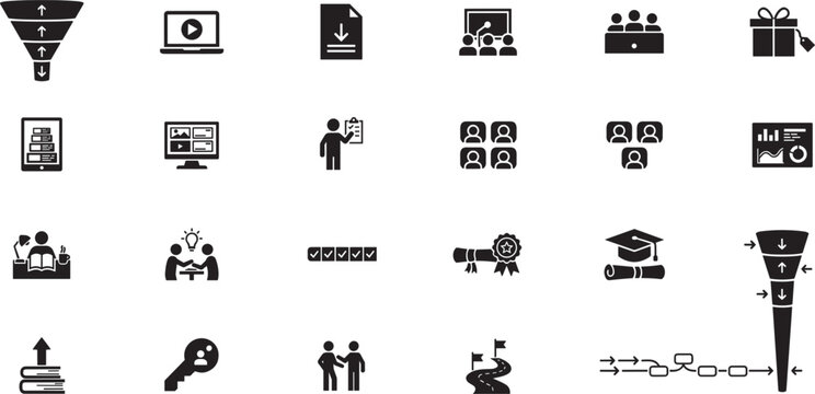 Business marketing funnel and online education vector icon set with corporate training teamwork graduation ceremony and growth elements
