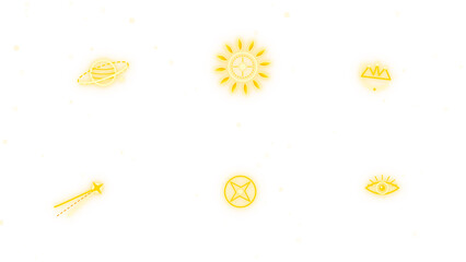 celestial glowing space symbols and neon icons depicting cosmic planets and stars on black background © Aditya
