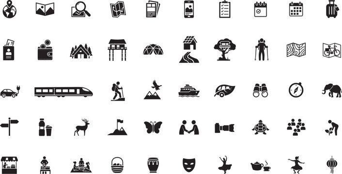 Travel and outdoor adventure tourism vector icon set featuring camping hiking maps transportation hotel and cultural holiday activities in black silhouette style.