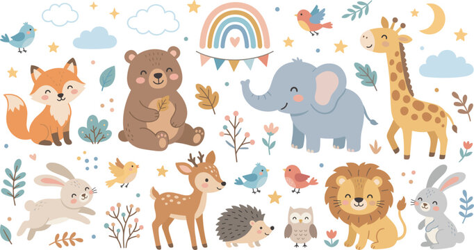 Cute woodland and safari nursery animal vector set featuring baby bear fox elephant giraffe lion deer and rainbow for kids illustration design.