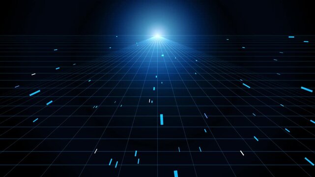 Futuristic perspective grid floor extending into a glowing horizon with floating digital particles and light streaks representing a virtual reality environment or advanced data network landscape