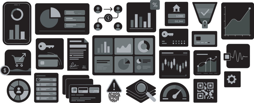 Modern business dashboard data analytics and financial statistics vector icon set featuring charts graphs infographical elements interface design in monochrome color style.