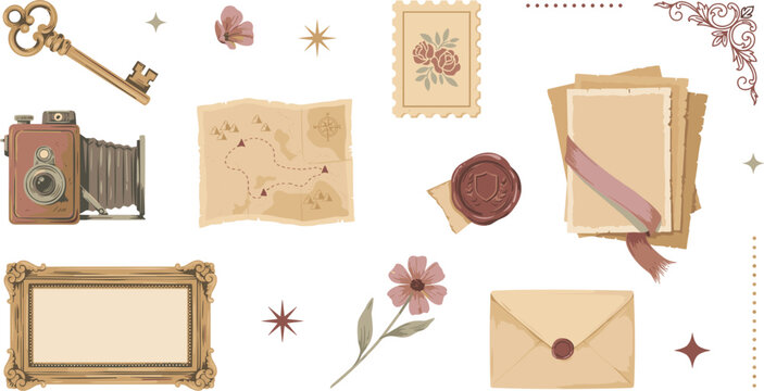 Watercolor vintage scrapbooking elements set featuring antique key retro camera old paper letters map and decorative frames