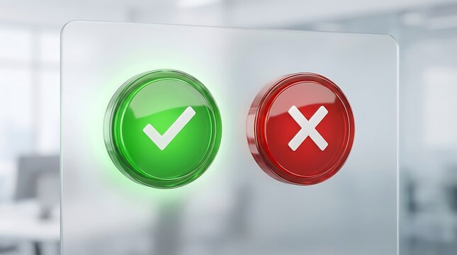 Green check mark and red cross sign buttons on a glass surface representing decision making and choice in an office