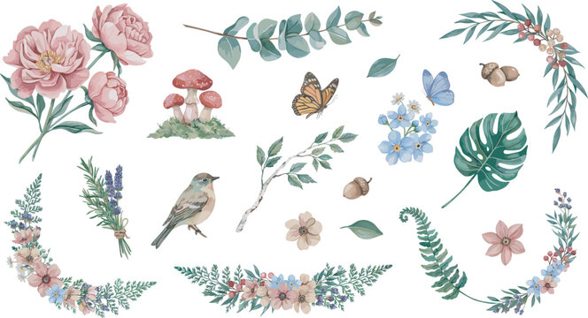 Watercolor woodland botanical elements vector set featuring peonies flowers mushrooms bird butterflies ferns and rustic floral arrangement wreaths