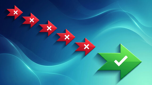 Graphic arrows showing incorrect choices leading to correct decision with checkmark