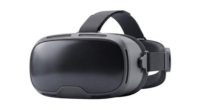 Futuristic black virtual reality headset for digital entertainment, modern VR goggles gear for 3D gaming and metaverse simulation tech isolated on Transparent Background