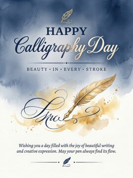 Elegant calligraphy day greeting card with feather and pen design