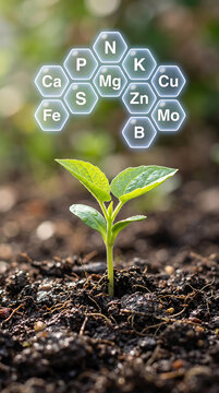 Young plant growing in soil with essential nutrients hexagonal diagram above