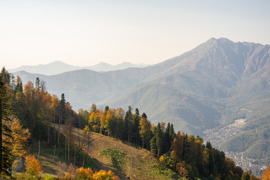 Mountain slope with erosion protection barriers and autumn forest on Rosa Khutor resort in Sochi Russia