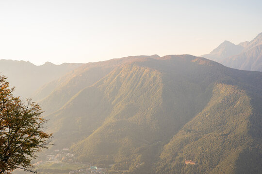 Mountain slope with erosion protection barriers and autumn forest on Rosa Khutor resort in Sochi Russia