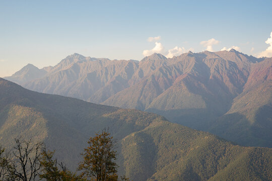 Mountain slope with erosion protection barriers and autumn forest on Rosa Khutor resort in Sochi Russia