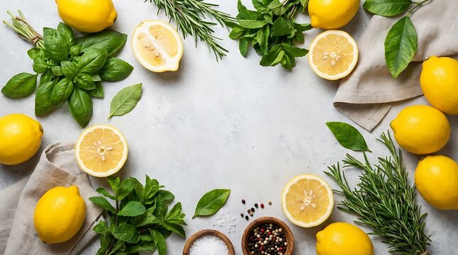 Fresh yellow lemons with green herbs and spices arranged in a circle on a flat surface for healthy food background