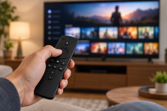 Hand using remote control to browse streaming content on television