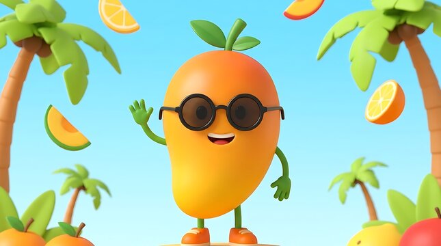 Cute happy mango fruit character wearing black sunglasses waving hand with palm trees on a sunny tropical beach background