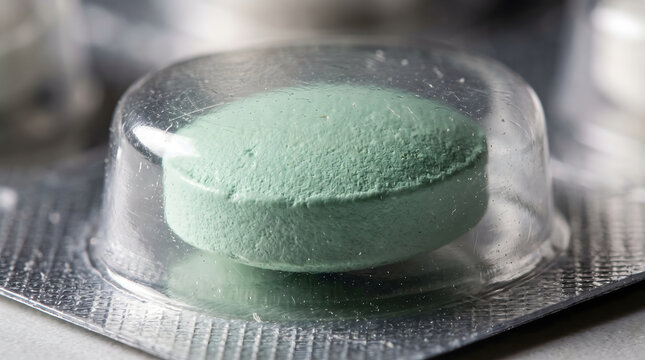 An extreme close-up, macro photograph captures a single, textured green pill nestled within its clear plastic blister pack. The metallic foil backing and intricate details of the packaging are shar...