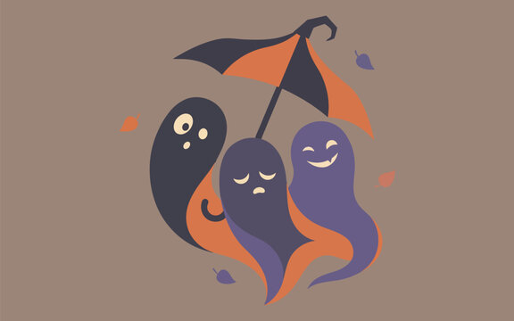 Three stylized ghosts sheltering under an umbrella against falling autumn leaves a vector illustration spirits apparitions phantoms ectoplasm halloween fall foliage shelter