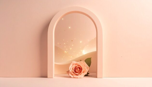 Blush rose at base of cream arch with peach waves.