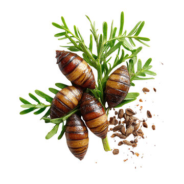 A collection of roasted snails nestled among vibrant green leaves and scattered seeds, presenting a fresh culinary delicacy.