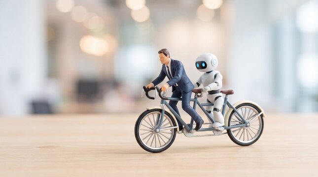 Businessman and robot riding tandem bicycle, AI copilot teamwork