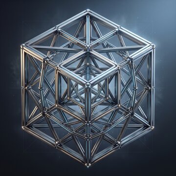 Metallic Hypercube Tesseract 3D Geometric Structure Abstract Concept 