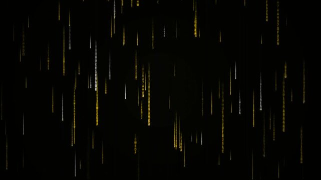 Digital code rain matrix background with falling glowing gold and white numbers for cybersecurity, hacking, and data encryption concept.