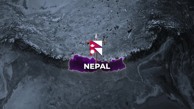 3D animation revealing the glowing country borders and flag of Nepal on a dark relief map