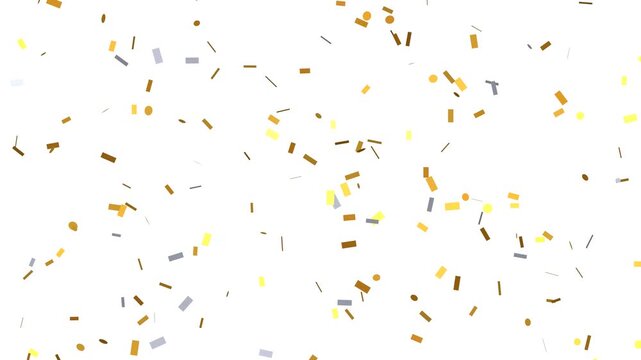 Gold and silver foil confetti rains down gently over a pure white background as a seamless loop