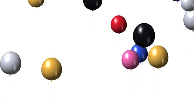 Glossy party balloons in red, blue, gold, silver and purple float upward with strings across a white background as a loop