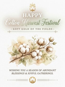 Happy Cotton Harvest Festival Greeting Card with Soft Gold Cotton Illustration
