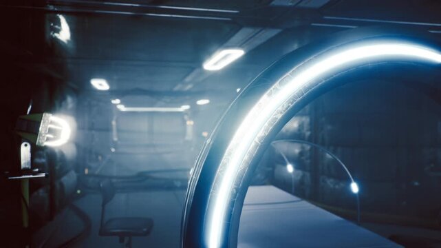 Clear space station observation bay with large illuminated ring and reflective floor, viewpoint staged for docking monitoring and visual checks